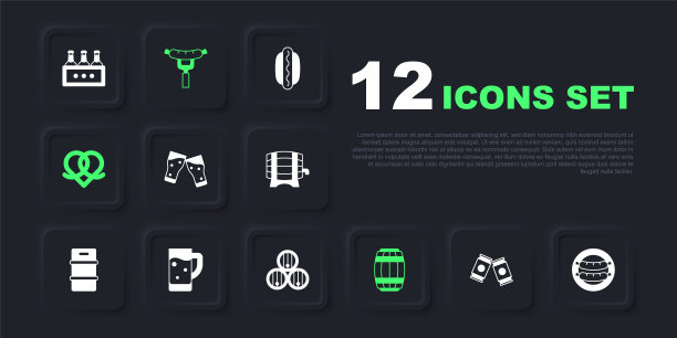 把啤酒罐，香肠，啤酒杯，木桶，椒盐卷饼，放在叉子和图标上。向量图片下载