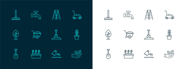 集线割草机，植物在锅，铲子，浇水罐，独轮车，木制楼梯，花园耙和水龙头图标。向量图片下载