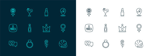 集线女鞋，钻石订婚戒指，国王皇冠，花，香槟瓶，口红，国际妇女节和马提尼玻璃图标。向量图片下载