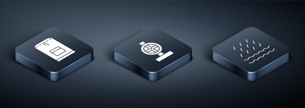 集等距背包，雨和波浪和工业金属管道和阀门图标。向量图片下载