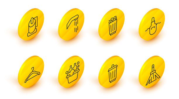 设置线处理扫帚，垃圾桶，盆与肥皂泡沫，衣架衣柜，厨房围裙，全垃圾，淋浴头和厕纸卷图标。向量图片下载