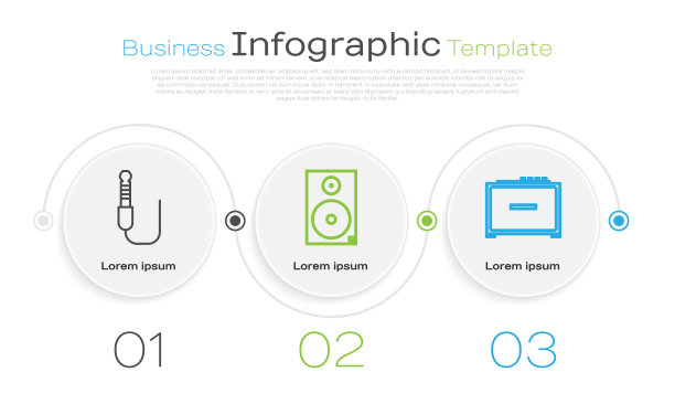 设置线音频插孔，立体声扬声器和吉他放大器。业务信息图表模板。向量图片下载
