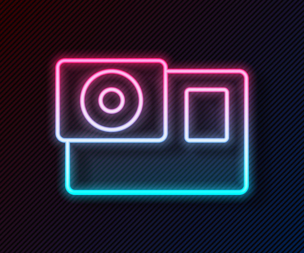 发光的霓虹灯线行动极端相机图标孤立的黑色背景。用于拍摄极限运动的摄像机设备。向量图片下载