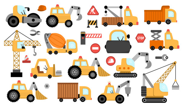 大矢量特殊传输集。建筑工地，道路工程，建筑运输图标用推土机，拖拉机，卡车，履带式起重机，装载机，挖掘机，混凝土搅拌机。可爱的维修服务车图片下载