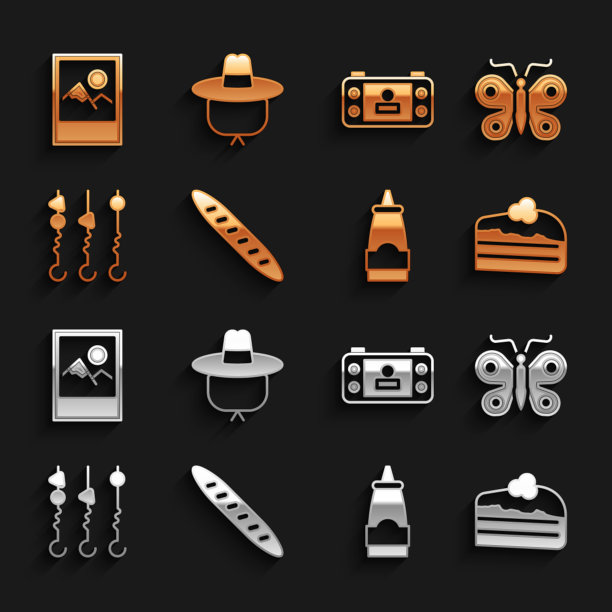 集法国法棍面包，蝴蝶，一块蛋糕，酱汁瓶，烤羊肉串串，便携式视频游戏机，相框和露营帽图标。向量图片下载