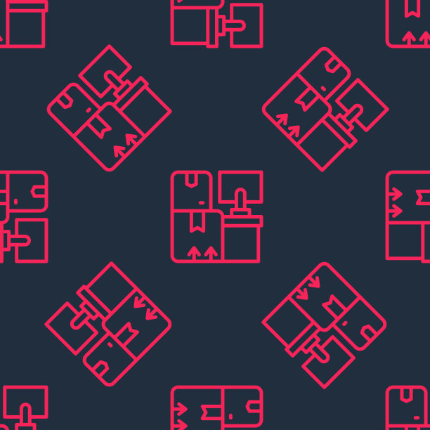 红线仓库内部与货架上的盒子图标隔离无缝图案黑色背景。物流、货运、包裹寄存邮政业务。向量图片下载