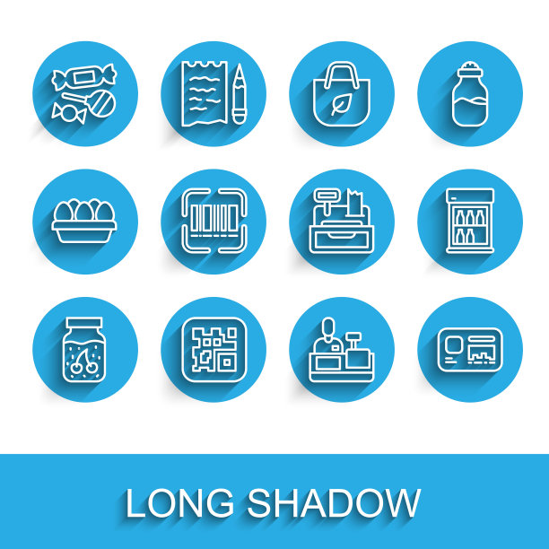 设置线果酱罐，二维码，糖果，收银，身份标识，扫描仪扫描条，商用冰箱和机器图标。向量图片下载