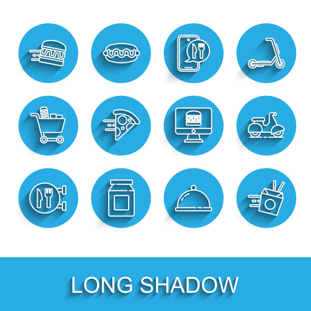 设置线咖啡馆和餐厅的位置，在线订购送货，汉堡，覆盖与食物托盘，面条，披萨，摩托车和图标。向量图片下载