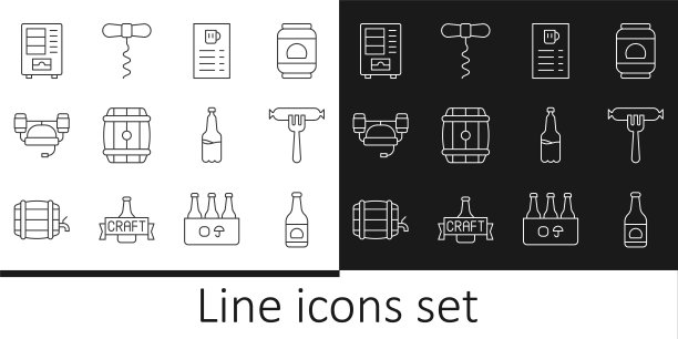 设置线啤酒瓶，香肠上的叉子，菜单，木桶，头盔，自动售货机，塑料啤酒和葡萄酒开瓶器图标。向量图片下载