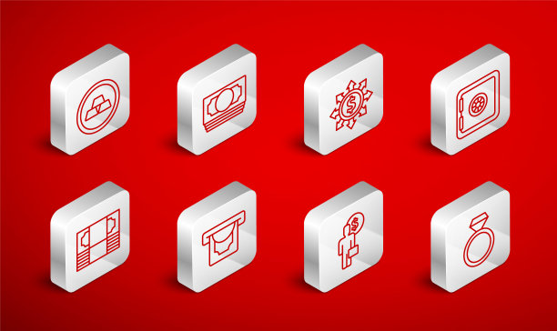 集线钻石订婚戒指，堆栈纸币现金，美元，股份，网络，安全，商人的规划思想，金条，ATM和和图标。向量图片下载