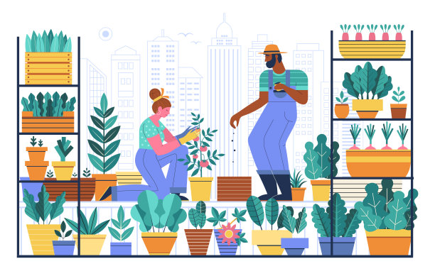 城市花园场景与夫妇在城市屋顶图片下载