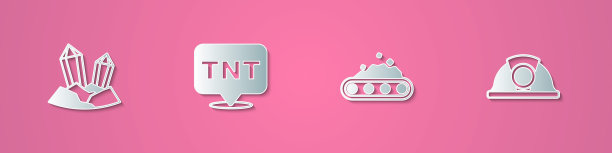 集剪纸宝石石，炸药，传送带载煤和矿工头盔图标。纸艺风格。向量图片下载