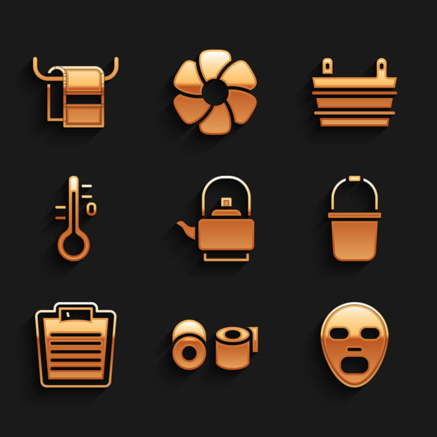 设置水壶手柄，卫生纸卷，面部美容面膜，桑拿桶，浴室秤，温度计，毛巾挂在衣架图标。向量图片下载