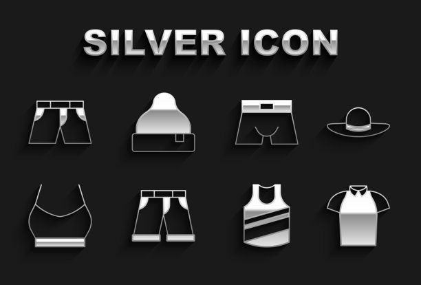 套装短或裤子，优雅的女性帽子，Polo衫，汗衫，女性露脐上衣，男性内裤，和豆帽图标。向量图片下载