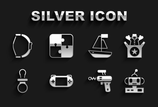 集便携式视频游戏机，杰克在盒子里的玩具，机器人，射线枪，婴儿奶嘴，玩具船，弓和拼图块图标。向量图片下载