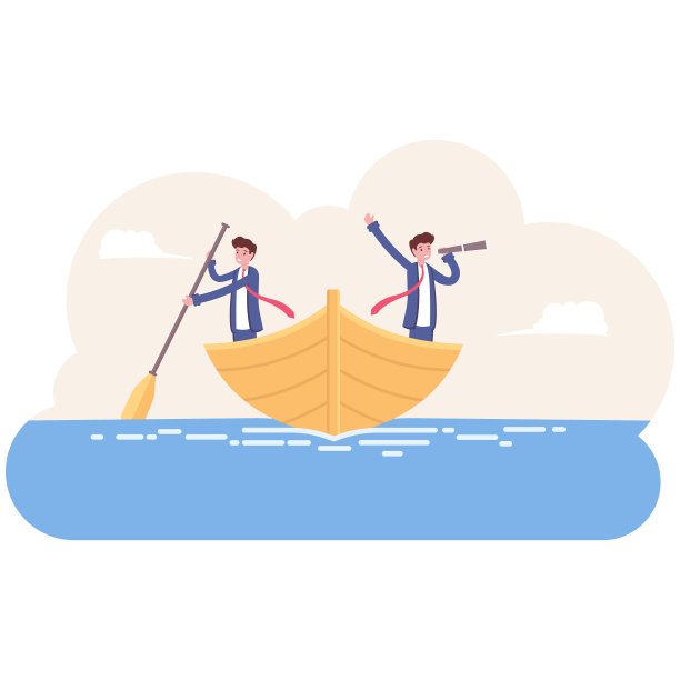商人们一起在船上航行。商人是划船的人，商人望着望远镜。商业概念矢量，插图，平面图片下载