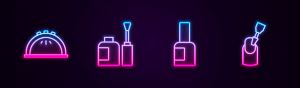 设置线美甲灯，瓶指甲油，和铣刀美甲。发光的霓虹灯图标。向量图片下载