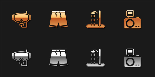 集潜水面罩，泳裤，沙滩淋浴和照相机闪光灯图标。向量图片下载