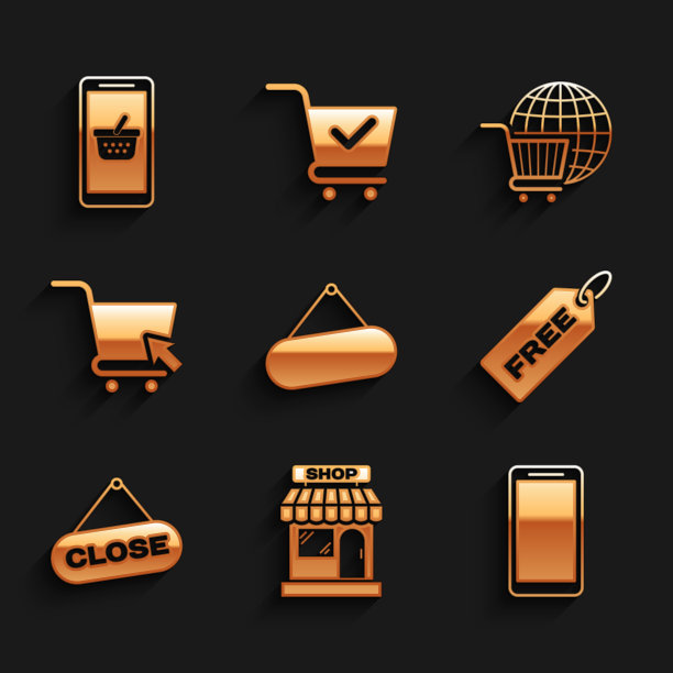 设置标牌挂，市场商店，智能手机，手机，价格标签与免费，挂标志关闭，购物车光标，全球和移动和购物篮图标。向量图片下载