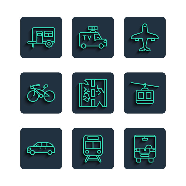 集线掀背车，火车和铁路，公共汽车，飞机，破碎的道路，自行车，房车露营拖车和电缆图标。向量图片下载