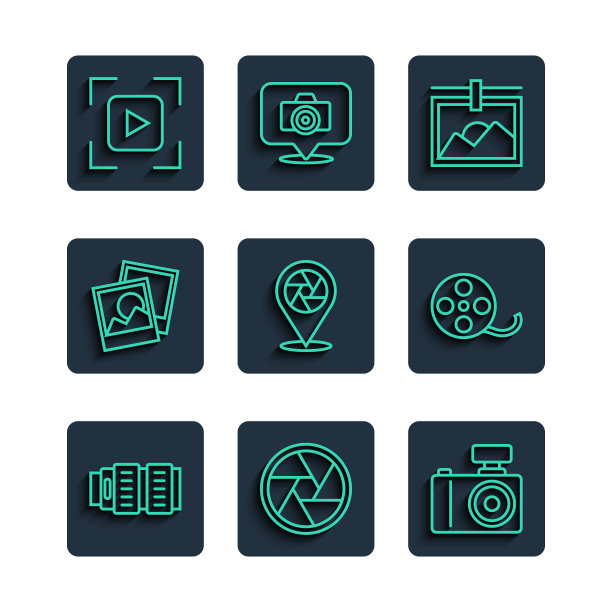 集线相机照片镜头，快门，相机，框架，对焦线和电影卷轴图标。向量图片下载