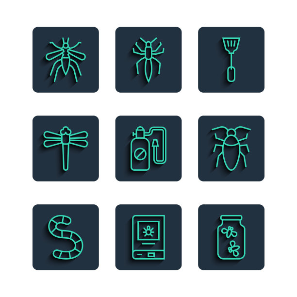 集线蠕虫，书关于昆虫，萤火虫，虫子罐子，苍蝇拍，压力喷雾器，蜻蜓，蚊子和蟑螂图标。向量图片下载