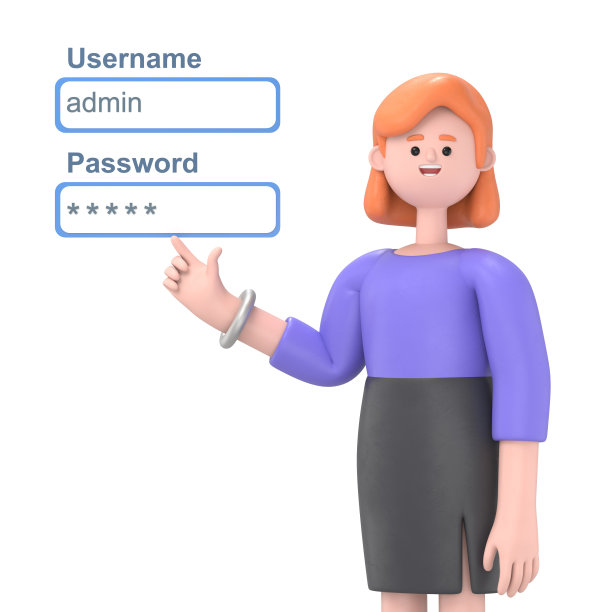 3D插图欧洲女商人埃伦管理网络工程师推用户名和密码字段登录框。白色背景的3D渲染图片下载