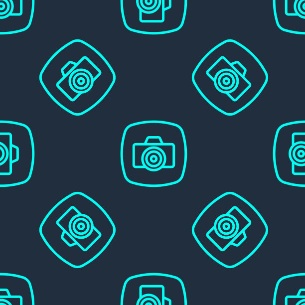 绿线照片相机图标隔离无缝图案上的蓝色背景。与相机。数码摄影。向量图片下载
