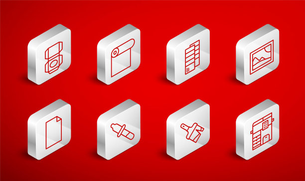 设置线复印机，纸卷，彩通，图片景观，油漆刷，纸箱纸箱，移液器和空文档图标。向量图片下载