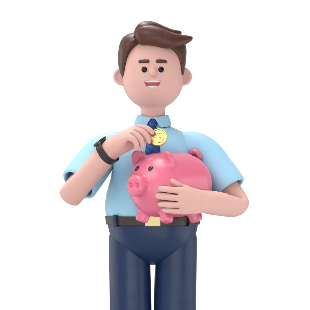 三维插图亚洲男子菲利克斯拿着一个扑满。存钱的概念。动画风格的3D插图。白色背景的3D渲染图片下载