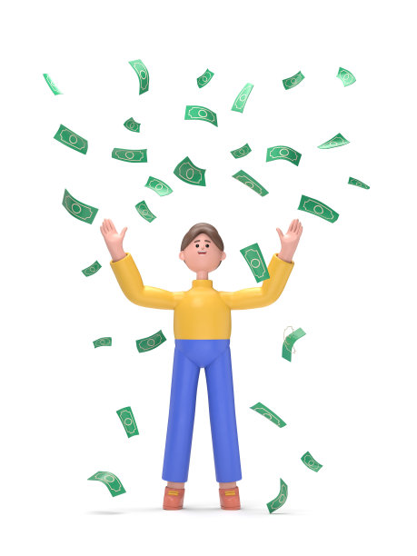 3D插图亚洲妇女安吉拉庆祝成功站在钱雨钞票现金下降。成功的概念，成就。白色背景的3D渲染图片下载