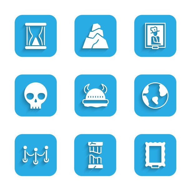 集海盗在有角的头盔，破碎的古代柱，图片，地球，绳屏障，人类头骨，肖像博物馆和旧沙漏与沙图标。向量图片下载