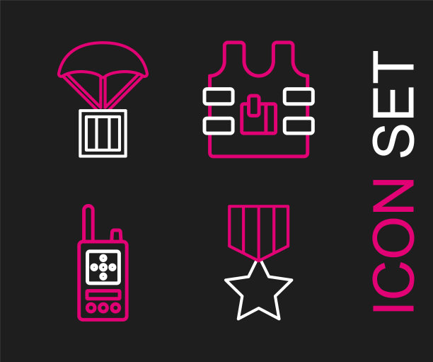 设置线军事奖励奖章，对讲机，防弹背心和空投箱图标。向量图片下载