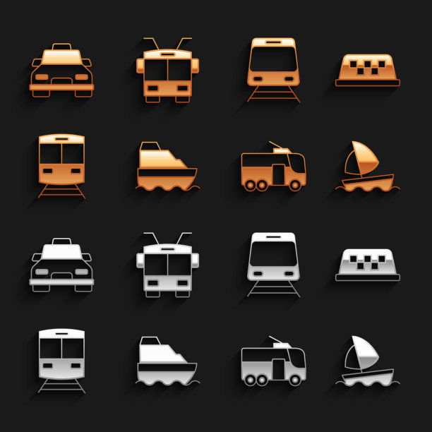 集游船，出租车车顶，游艇帆船，无轨电车，火车和铁路，和图标。向量图片下载