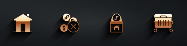 设置房地产，没有钱，捐赠和慈善和垃圾桶图标长阴影。向量图片下载