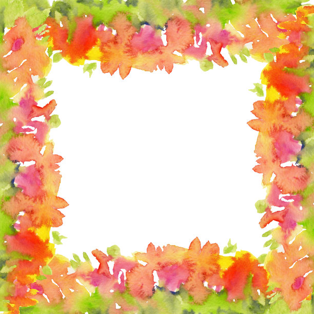 手绘水彩插画春天园艺花坛，叶芽自然绽放。方形框架孤立的白色背景。设计印刷，商店，剪贴簿，包装，剪纸，邀请图片下载