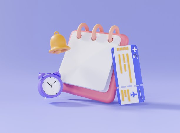 日历、闹钟、铃铛和车票。旅游规划概念。夏季旅游，时间计划，假期，日程安排，假期，活动议程，机票预订。3d渲染图图片下载