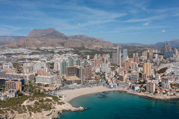 夏季，西班牙贝尼多姆镇的无人机航拍照片，显示了当地被称为Playa de Finestrat的海滩，以及小海滩周围的酒店和公寓图片下载
