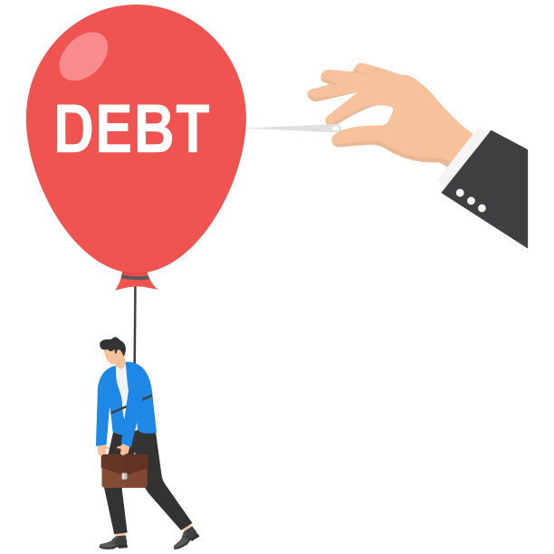 大手推着针，戳破了写着“债务”的橙色气球。解决债务问题矢量插图图片下载