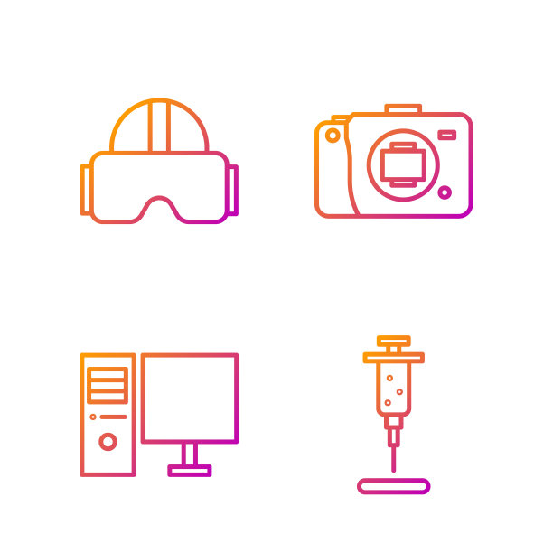 设有注射器，电脑显示器，虚拟现实眼镜和无反光镜相机。渐变颜色图标。向量图片下载