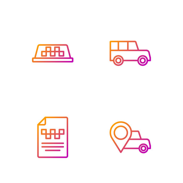设置线路位置与出租车，出租车驾驶执照，车顶和汽车。渐变颜色图标。向量图片下载