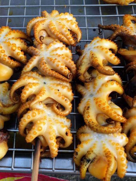 一个烧烤架的照片，上面有章鱼触手和其他食物。图片下载