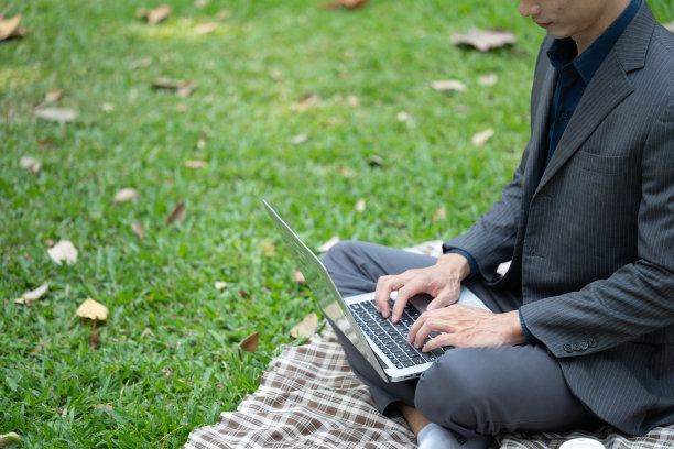 身着正装的商人在城市公园的草地上拿着笔记本电脑工作图片下载