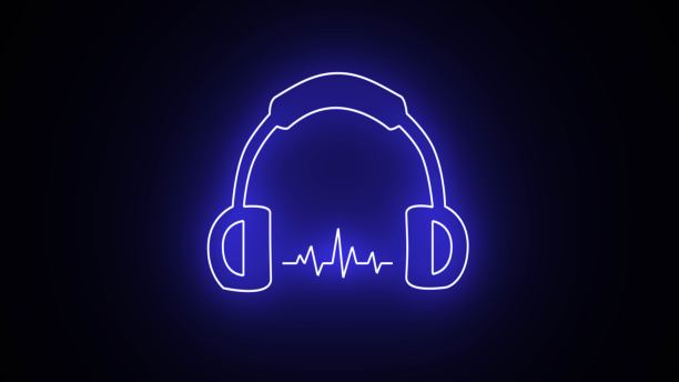 黑色背景上的蓝色霓虹灯耳机。霓虹音乐浪潮图标。发光霓虹耳机与声波，霓虹音乐波图标。图片下载