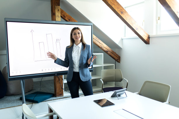 商务女性站在现代办公室的大屏幕电视旁边，正在做演示。库存图片图片下载
