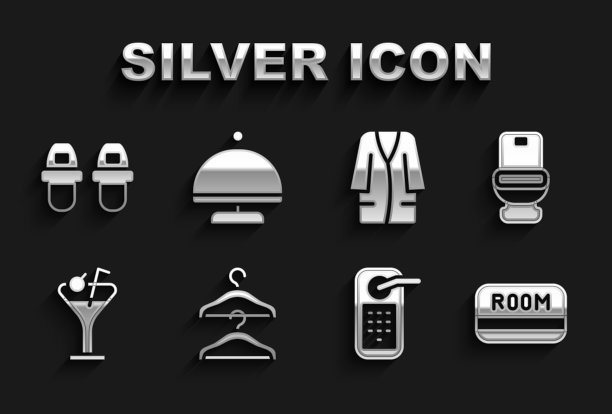 集衣架衣柜，马桶，酒店钥匙卡，数字门锁，马提尼玻璃，浴袍，拖鞋和覆盖托盘图标。向量图片下载