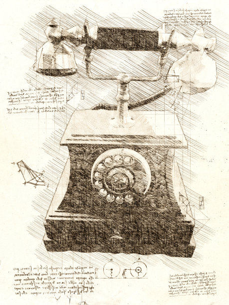 达芬奇风格的旧木制旋转电话素描图片下载