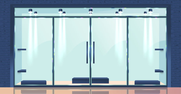 玻璃门，由抛光金属和天花板灯框，欢迎游客进入商店的现代外观图片下载