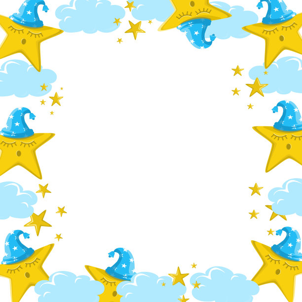 方形画框，在云的背景下，戴着睡帽的沉睡的星星图片下载