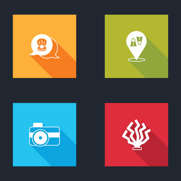 集扇贝海壳，鳍游泳，照片相机潜水员和珊瑚图标。向量图片下载